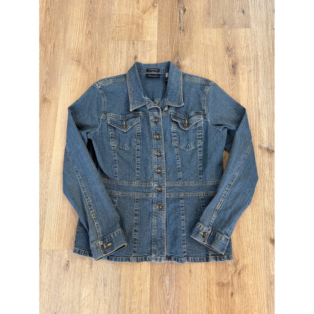 Axcess Minimalist Denim Jacket Womens XL Blue Stretch Seamed Button Front